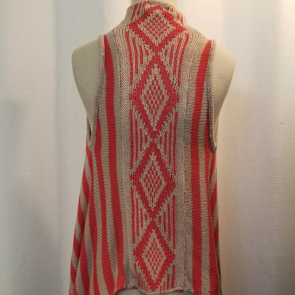 Orange Tan Striped Pattern Sleeveless Fringed Knit Vest M - Picture 4 of 6